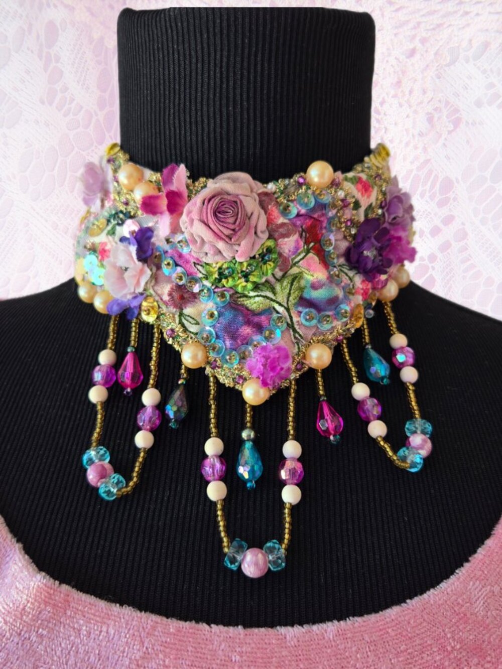Vintage Style Victorian Rainbow Butterfly Rose Choker